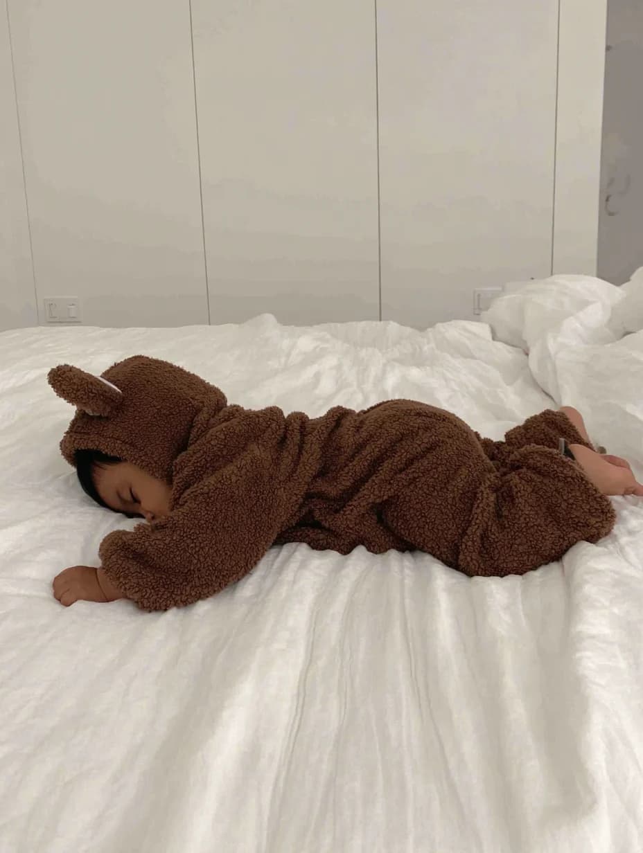 A baby asleep on a white bed in a brown teddy-bear onesie