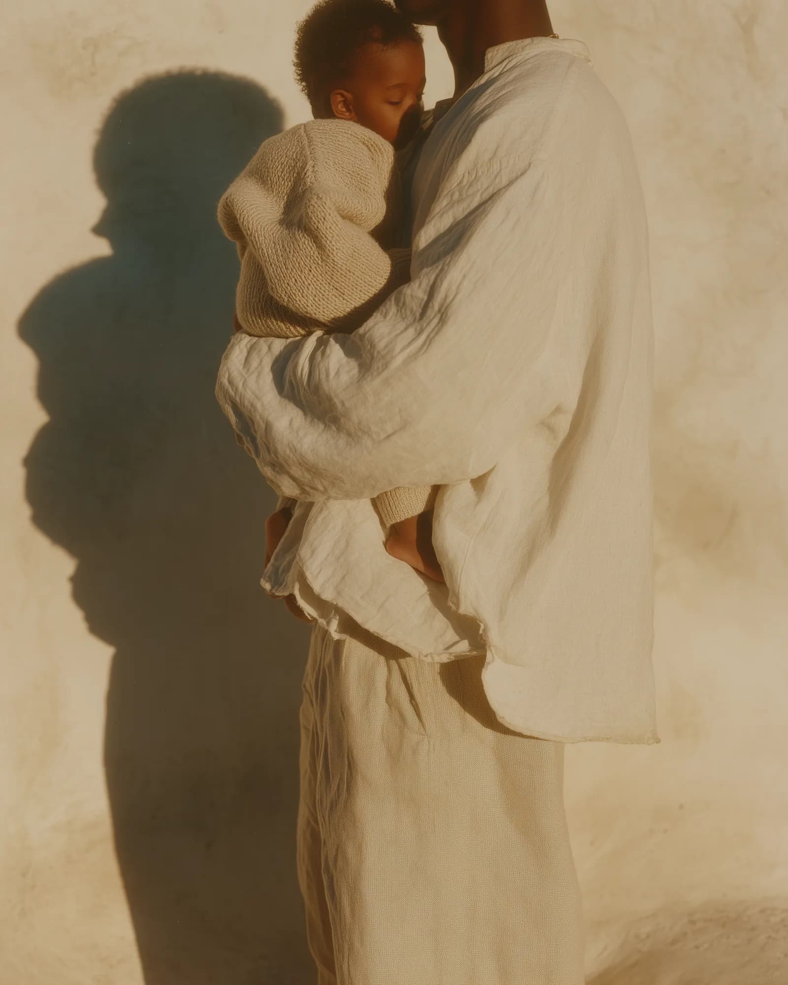 A father holding his sleeping baby against a sunlit wall